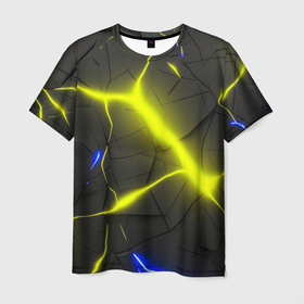 Мужская футболка 3D с принтом Желтые неоновые разломы плит в Санкт-Петербурге, 100% полиэфир | прямой крой, круглый вырез горловины, длина до линии бедер | Тематика изображения на принте: 