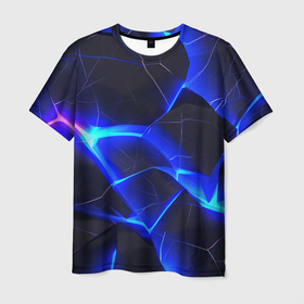 Мужская футболка 3D с принтом Синий и фиолетовый неон из разлома плит в Екатеринбурге, 100% полиэфир | прямой крой, круглый вырез горловины, длина до линии бедер | 