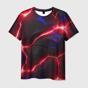Мужская футболка 3D с принтом Трещины неоново красного цвета из разлома плит в Екатеринбурге, 100% полиэфир | прямой крой, круглый вырез горловины, длина до линии бедер | 