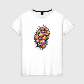 Женская футболка хлопок с принтом Абстрактный букет цветов в Белгороде, 100% хлопок | прямой крой, круглый вырез горловины, длина до линии бедер, слегка спущенное плечо | 