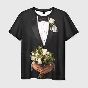 Мужская футболка 3D+ с принтом Жених с букетом   черный смокинг в Белгороде, 100% микрофибра | круглый вырез горловины, длина до линии бедер | Тематика изображения на принте: 