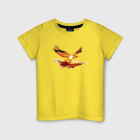 Детская футболка хлопок с принтом Летящий орел и пейзаж с эффектом двойной экспозиции в Белгороде, 100% хлопок | круглый вырез горловины, полуприлегающий силуэт, длина до линии бедер | 