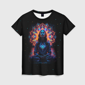 Женская футболка 3D с принтом Медитация девушки на фоне мандалы в космосе в Белгороде, 100% полиэфир ( синтетическое хлопкоподобное полотно) | прямой крой, круглый вырез горловины, длина до линии бедер | 