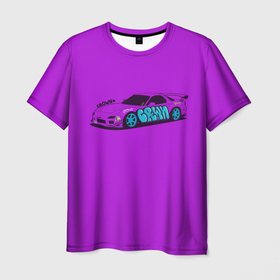 Мужская футболка 3D с принтом Mazda rx 7 фиолетовая crown граффити в Петрозаводске, 100% полиэфир | прямой крой, круглый вырез горловины, длина до линии бедер | Тематика изображения на принте: 