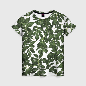Женская футболка 3D с принтом Зеленые листочки на белом фоне в Петрозаводске, 100% полиэфир ( синтетическое хлопкоподобное полотно) | прямой крой, круглый вырез горловины, длина до линии бедер | 
