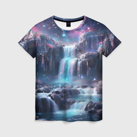 Женская футболка 3D с принтом Волшебный ночной водопад , 100% полиэфир ( синтетическое хлопкоподобное полотно) | прямой крой, круглый вырез горловины, длина до линии бедер | Тематика изображения на принте: 
