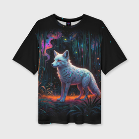 Женская футболка oversize 3D с принтом Белая лисица на фоне волшебного леса ,  |  | 