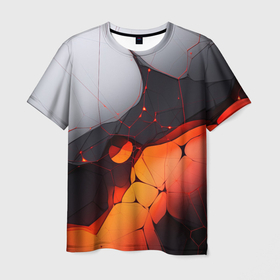 Мужская футболка 3D с принтом Объемная плита с красной лавой иллюстрация , 100% полиэфир | прямой крой, круглый вырез горловины, длина до линии бедер | 