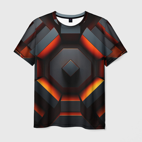 Мужская футболка 3D с принтом Конструкция из объемных оранжевых плит , 100% полиэфир | прямой крой, круглый вырез горловины, длина до линии бедер | 