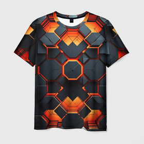 Мужская футболка 3D с принтом Конструкция из  объемных оранжевых плит , 100% полиэфир | прямой крой, круглый вырез горловины, длина до линии бедер | 
