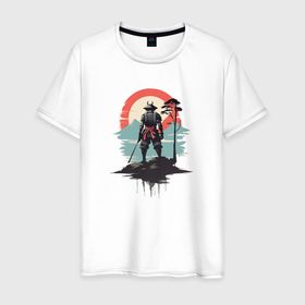 Мужская футболка хлопок с принтом Силуэт самурая на закате в Кировске, 100% хлопок | прямой крой, круглый вырез горловины, длина до линии бедер, слегка спущенное плечо. | 
