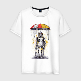 Мужская футболка хлопок с принтом Одинокий робот под зонтом в Кировске, 100% хлопок | прямой крой, круглый вырез горловины, длина до линии бедер, слегка спущенное плечо. | Тематика изображения на принте: 