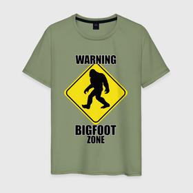 Мужская футболка хлопок с принтом Предупреждающий знак Bigfoot zone в Кировске, 100% хлопок | прямой крой, круглый вырез горловины, длина до линии бедер, слегка спущенное плечо. | 