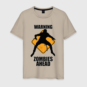 Мужская футболка хлопок с принтом Предупреждающий знак Zombies ahead в Кировске, 100% хлопок | прямой крой, круглый вырез горловины, длина до линии бедер, слегка спущенное плечо. | 