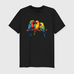 Мужская футболка хлопок Slim с принтом Разговор попугаев в Санкт-Петербурге, 92% хлопок, 8% лайкра | приталенный силуэт, круглый вырез ворота, длина до линии бедра, короткий рукав | 