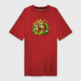 Платье-футболка хлопок с принтом Два тигрёнка в траве в Белгороде,  |  | 