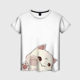 Женская футболка 3D с принтом Cute cat   выглядывает милый котик в Курске, 100% полиэфир ( синтетическое хлопкоподобное полотно) | прямой крой, круглый вырез горловины, длина до линии бедер | 