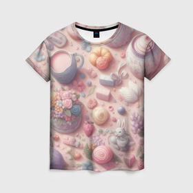 Женская футболка 3D с принтом Акварельный фон в пастельных тонах в Тюмени, 100% полиэфир ( синтетическое хлопкоподобное полотно) | прямой крой, круглый вырез горловины, длина до линии бедер | 