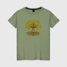 Женская футболка хлопок с принтом Золотое дерево жизни в Петрозаводске, 100% хлопок | прямой крой, круглый вырез горловины, длина до линии бедер, слегка спущенное плечо | Тематика изображения на принте: 