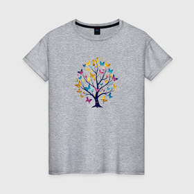 Женская футболка хлопок с принтом Волшебное дерево с бабочками в Тюмени, 100% хлопок | прямой крой, круглый вырез горловины, длина до линии бедер, слегка спущенное плечо | 