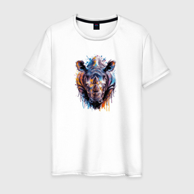 Мужская футболка хлопок с принтом Разноцветная голова носорога в Екатеринбурге, 100% хлопок | прямой крой, круглый вырез горловины, длина до линии бедер, слегка спущенное плечо. | 