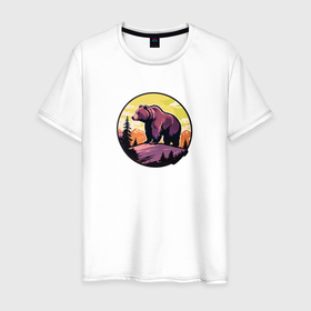 Мужская футболка хлопок с принтом Силуэт медведя на фоне гор в Белгороде, 100% хлопок | прямой крой, круглый вырез горловины, длина до линии бедер, слегка спущенное плечо. | 