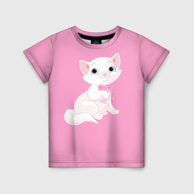 Детская футболка 3D с принтом Белая очаровательная кошечка с розовым бантиком в Екатеринбурге, 100% гипоаллергенный полиэфир | прямой крой, круглый вырез горловины, длина до линии бедер, чуть спущенное плечо, ткань немного тянется | 