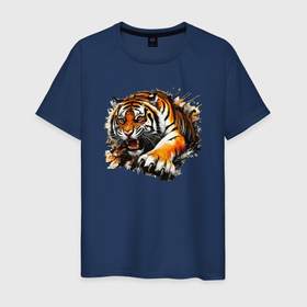 Мужская футболка хлопок с принтом Тигр оскал зверя в Белгороде, 100% хлопок | прямой крой, круглый вырез горловины, длина до линии бедер, слегка спущенное плечо. | 
