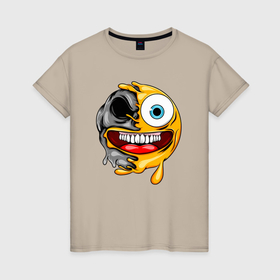 Женская футболка хлопок с принтом Радостный смайлик в Тюмени, 100% хлопок | прямой крой, круглый вырез горловины, длина до линии бедер, слегка спущенное плечо | Тематика изображения на принте: 