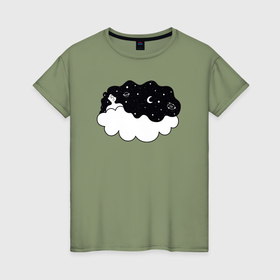 Женская футболка хлопок с принтом Космическая девушка на облаке в Новосибирске, 100% хлопок | прямой крой, круглый вырез горловины, длина до линии бедер, слегка спущенное плечо | Тематика изображения на принте: 