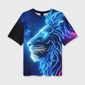 Женская футболка oversize 3D с принтом Профиль космического неонового льва   нейросеть в Кировске,  |  | 