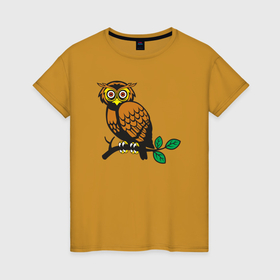 Женская футболка хлопок с принтом Сова на дереве в Курске, 100% хлопок | прямой крой, круглый вырез горловины, длина до линии бедер, слегка спущенное плечо | 