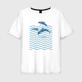 Мужская футболка хлопок Oversize с принтом Дельфины в море в Петрозаводске, 100% хлопок | свободный крой, круглый ворот, “спинка” длиннее передней части | Тематика изображения на принте: 