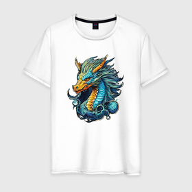 Мужская футболка хлопок с принтом Дракон морской волны в Белгороде, 100% хлопок | прямой крой, круглый вырез горловины, длина до линии бедер, слегка спущенное плечо. | Тематика изображения на принте: 