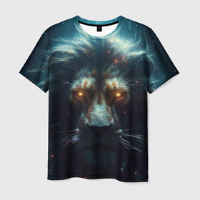 Мужская футболка 3D с принтом Лев с светящимися глазами на темном фоне в Петрозаводске, 100% полиэфир | прямой крой, круглый вырез горловины, длина до линии бедер | 