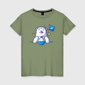 Женская футболка хлопок с принтом Белый медведь и мороженое в Кировске, 100% хлопок | прямой крой, круглый вырез горловины, длина до линии бедер, слегка спущенное плечо | 