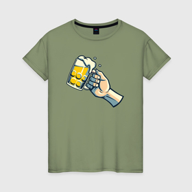 Женская футболка хлопок с принтом Кружка пива в руке в Курске, 100% хлопок | прямой крой, круглый вырез горловины, длина до линии бедер, слегка спущенное плечо | 