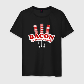 Мужская футболка хлопок с принтом Бекон это мясная конфетка в Новосибирске, 100% хлопок | прямой крой, круглый вырез горловины, длина до линии бедер, слегка спущенное плечо. | 