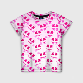 Детская футболка 3D с принтом Marshmello pink colors в Новосибирске, 100% гипоаллергенный полиэфир | прямой крой, круглый вырез горловины, длина до линии бедер, чуть спущенное плечо, ткань немного тянется | Тематика изображения на принте: 
