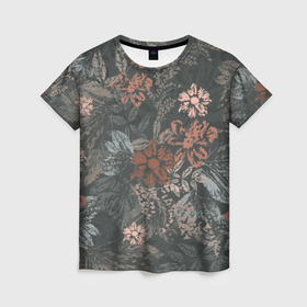 Женская футболка 3D с принтом Бохо цветы на сером фоне в Курске, 100% полиэфир ( синтетическое хлопкоподобное полотно) | прямой крой, круглый вырез горловины, длина до линии бедер | 