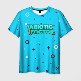 Мужская футболка 3D с принтом Abiotic Factor логотип на синем абстрактном фоне в Курске, 100% полиэфир | прямой крой, круглый вырез горловины, длина до линии бедер | 