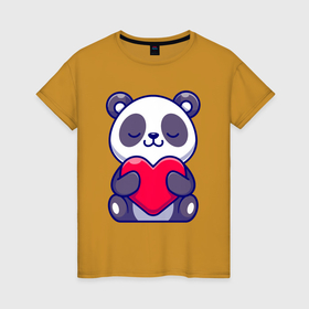 Женская футболка хлопок с принтом Панда и сердечко в Курске, 100% хлопок | прямой крой, круглый вырез горловины, длина до линии бедер, слегка спущенное плечо | 
