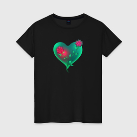 Женская футболка хлопок с принтом Зелёноё сердечко с красными цветами в Курске, 100% хлопок | прямой крой, круглый вырез горловины, длина до линии бедер, слегка спущенное плечо | 