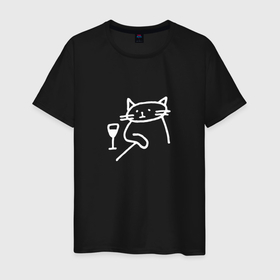 Мужская футболка хлопок с принтом Мемный забавный кот грустит возле бокала вина в Курске, 100% хлопок | прямой крой, круглый вырез горловины, длина до линии бедер, слегка спущенное плечо. | 