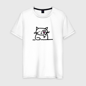 Мужская футболка хлопок с принтом Смешной кот смотрит сквозь бокал с вином , 100% хлопок | прямой крой, круглый вырез горловины, длина до линии бедер, слегка спущенное плечо. | Тематика изображения на принте: 