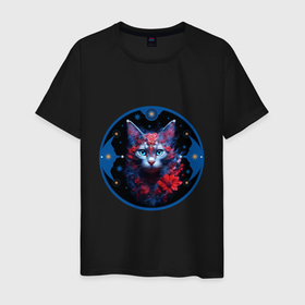 Мужская футболка хлопок с принтом Кошка с цветами и звёздами в Петрозаводске, 100% хлопок | прямой крой, круглый вырез горловины, длина до линии бедер, слегка спущенное плечо. | 