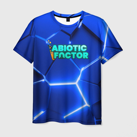 Мужская футболка 3D с принтом Abiotic Factor логотип на синем неоновом фоне в Петрозаводске, 100% полиэфир | прямой крой, круглый вырез горловины, длина до линии бедер | 