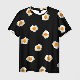 Мужская футболка 3D с принтом Яичница на черном в Курске, 100% полиэфир | прямой крой, круглый вырез горловины, длина до линии бедер | 