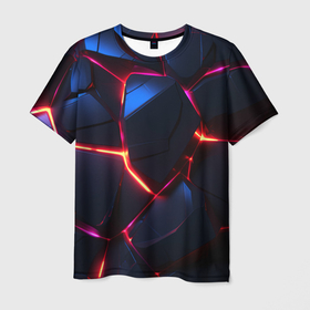 Мужская футболка 3D с принтом Темная абстракция с разломом красных  плит в Екатеринбурге, 100% полиэфир | прямой крой, круглый вырез горловины, длина до линии бедер | 