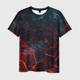 Мужская футболка 3D с принтом Темная абстракция с разломом красных   плит , 100% полиэфир | прямой крой, круглый вырез горловины, длина до линии бедер | 